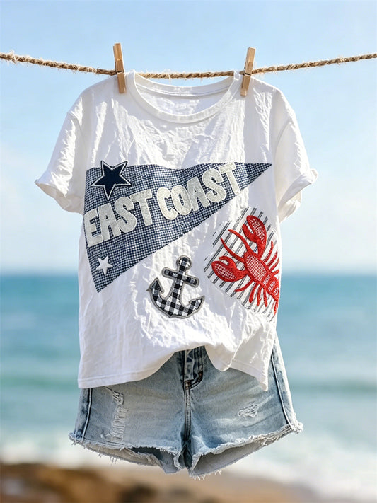 Damens East Coast Hummer & Anchor Skriv ut kortärmad T-shirt