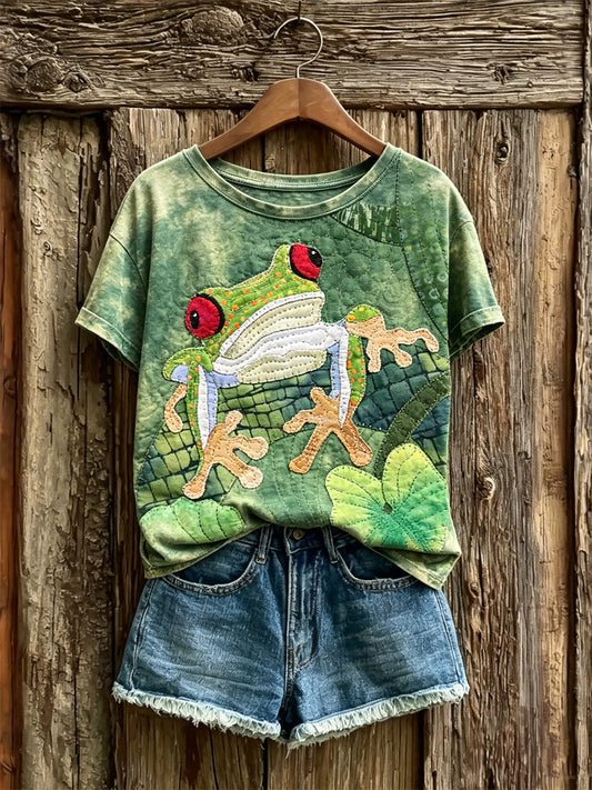 Kvinnors Vintage Skogsträd Groda Konst Skriv ut kortärmad T-shirt