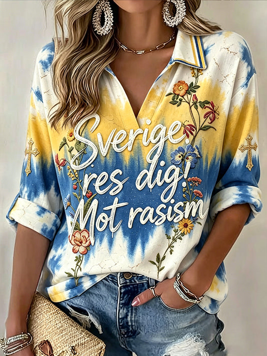 Kvinnors svensk antidiskriminering Retro Floral Print Casual Polo T-shirt