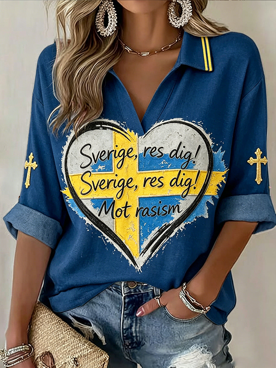 Kvinnors svenska antidiskriminering Heart-Print Casual Polo T-shirt