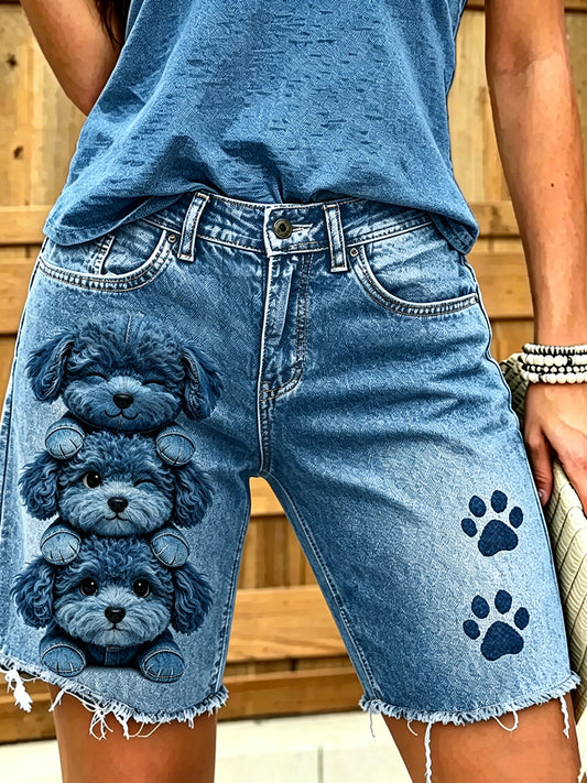 Dammode djurhundkonst tryckt korta jeans