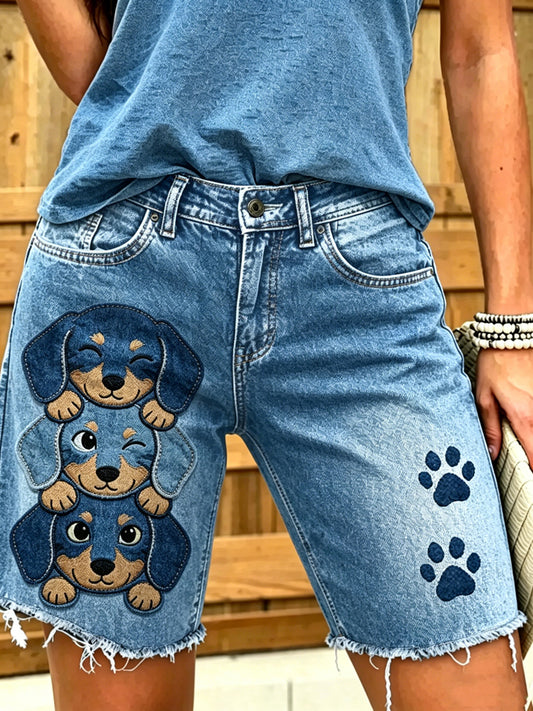 Dammode djurhundkonst tryckt korta jeans