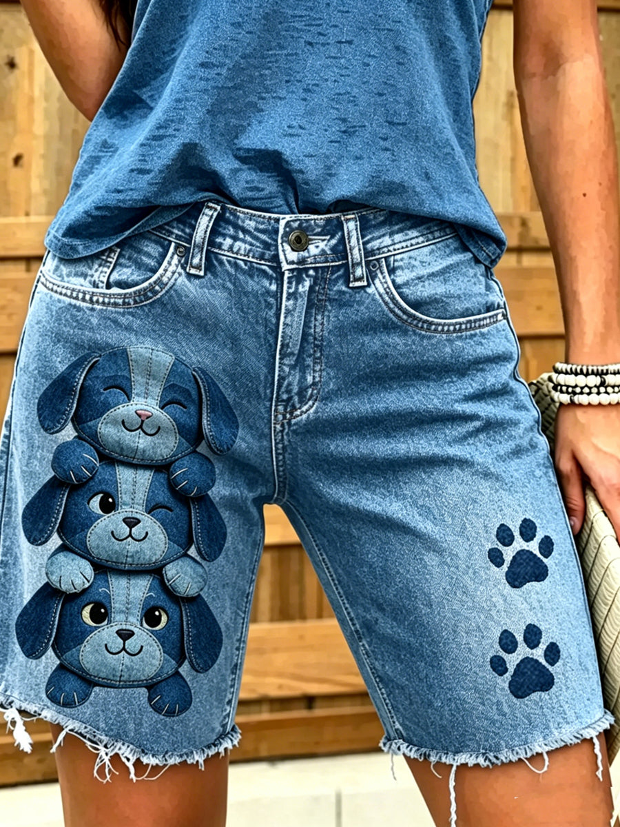 Dammode djurhundkonst tryckt korta jeans