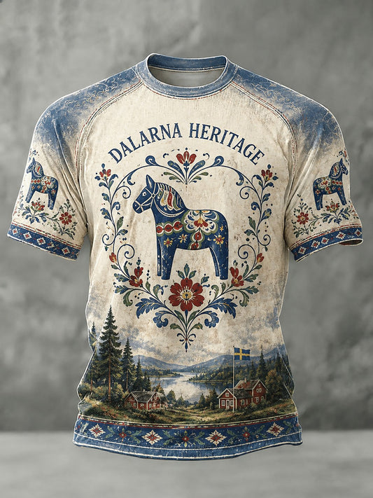 Herrlig t-shirt i svensk stil med dalahästtryck, avslappnad modell och korta ärmar