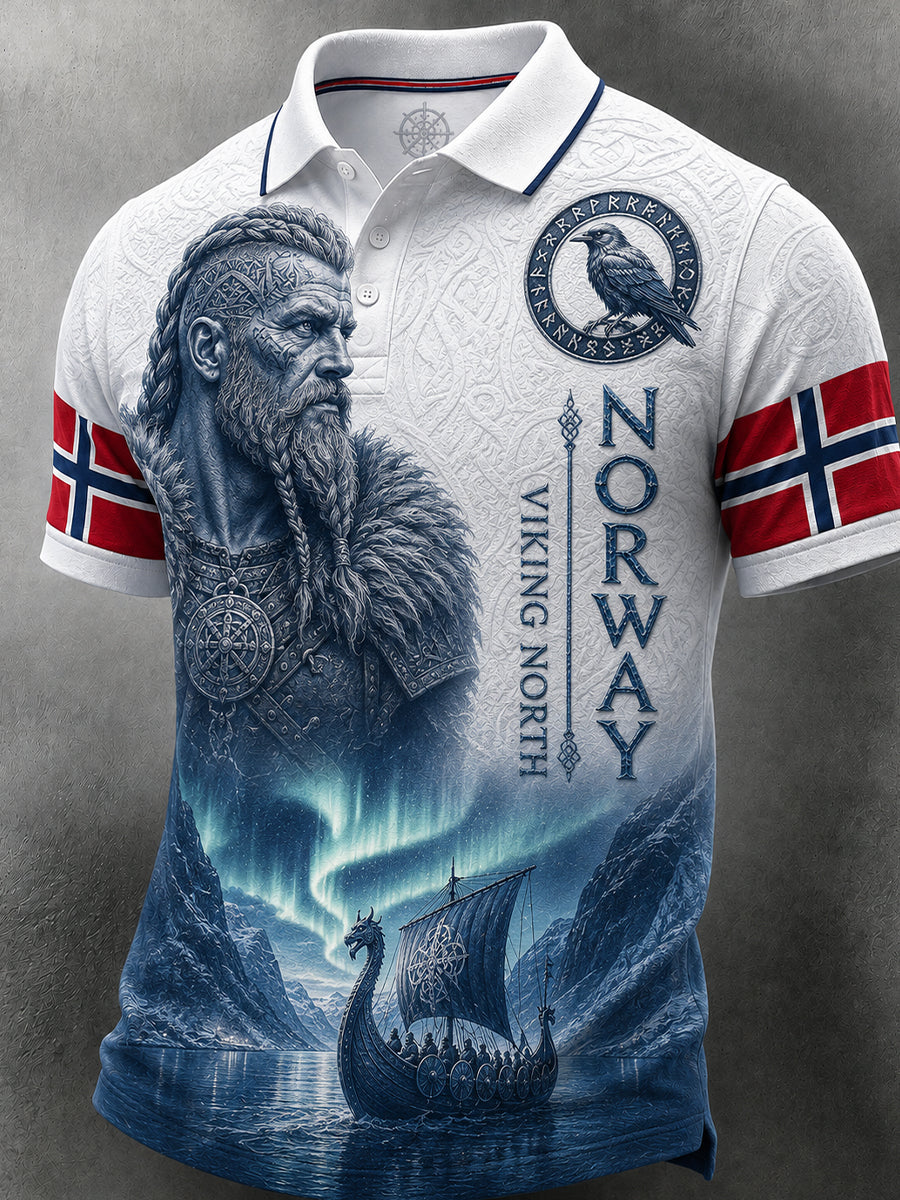 Herrpolotröja i retro-nordisk stil med norsk konsttryck