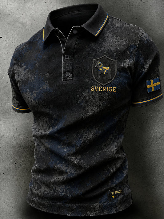 Herrpolotröja i retro-nordisk stil med norsk konsttryck
