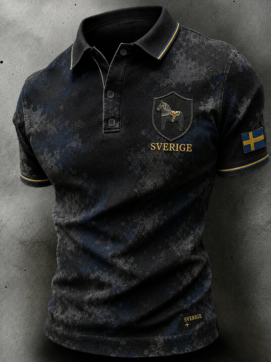Herrpolotröja i retro-nordisk stil med norsk konsttryck