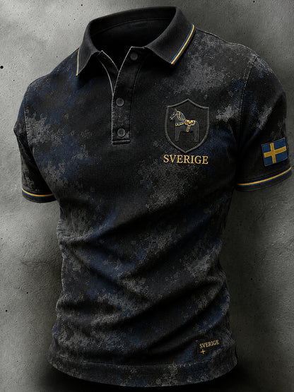 Herrpolotröja i retro-nordisk stil med norsk konsttryck