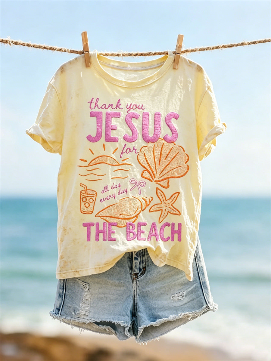Kvinnor Tack Jesus för stranden Semester Skriv ut kortärmad T-shirt