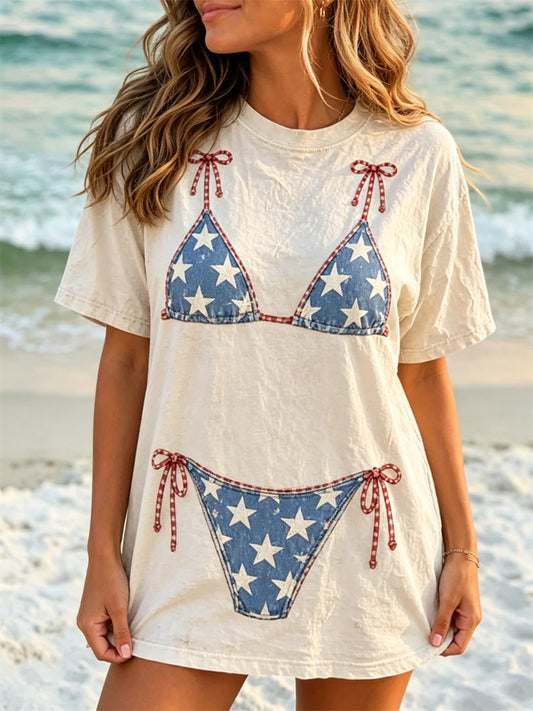 Damernas Amerika Stjärnor och ränder Bikini Print Beach Vibe T-shirt