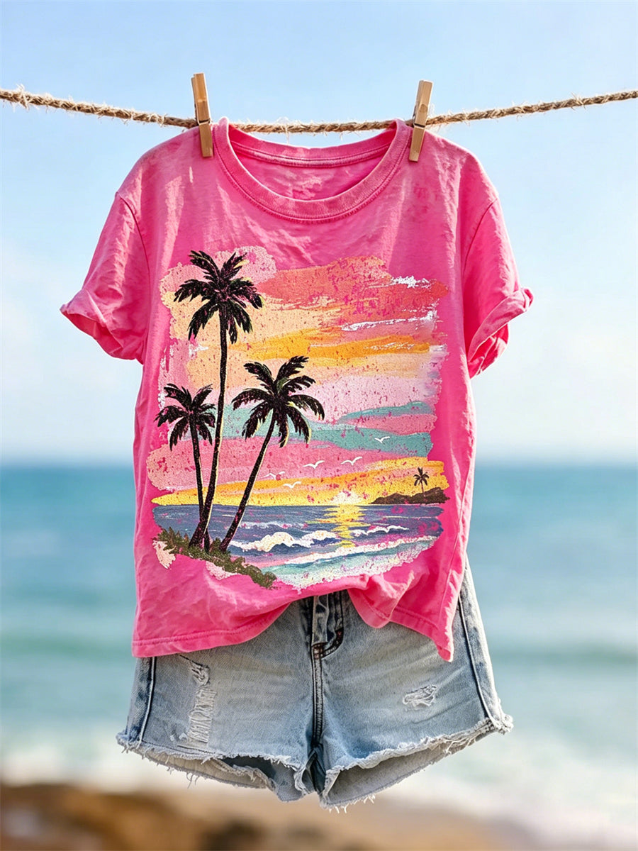 Damstranden Sunset Scene Art Skriv ut kortärmad T-shirt