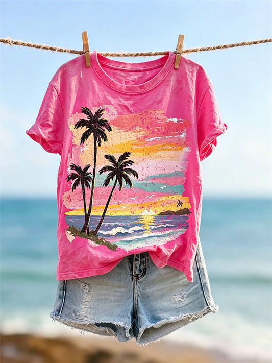 Damstranden Sunset Scene Art Skriv ut kortärmad T-shirt