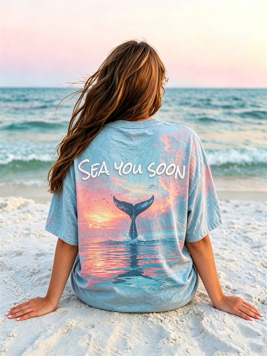 Kvinnors hav du snart Val svans solnedgång Seascape Tryck T tröj