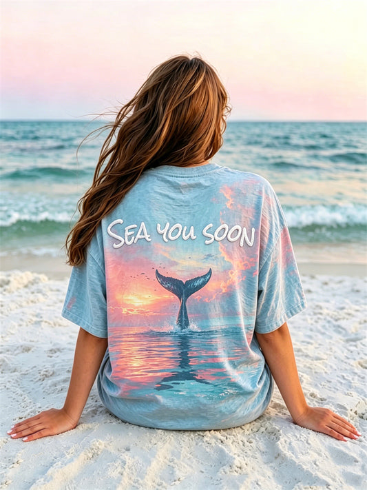 Kvinnors hav du snart Val svans solnedgång Seascape Tryck T tröj