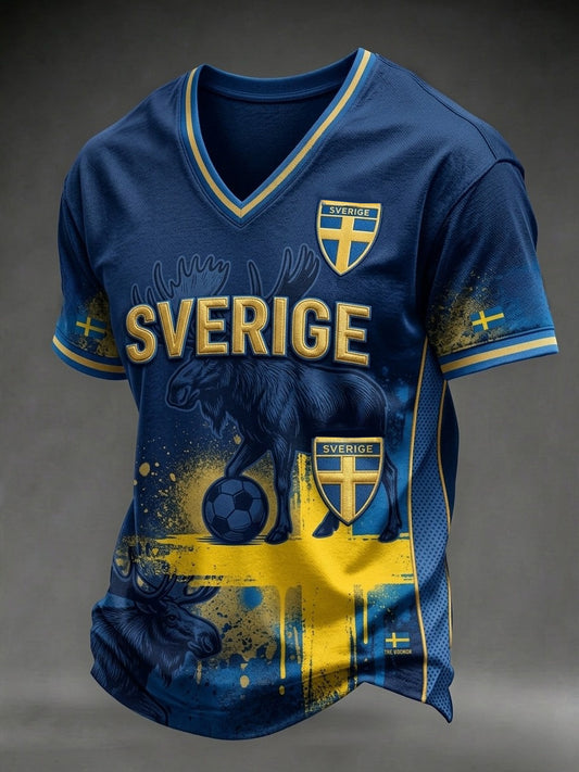 Herrar Retro Svensk Fotbollssupporter Lätt Sportig T-shirt med V-ringning