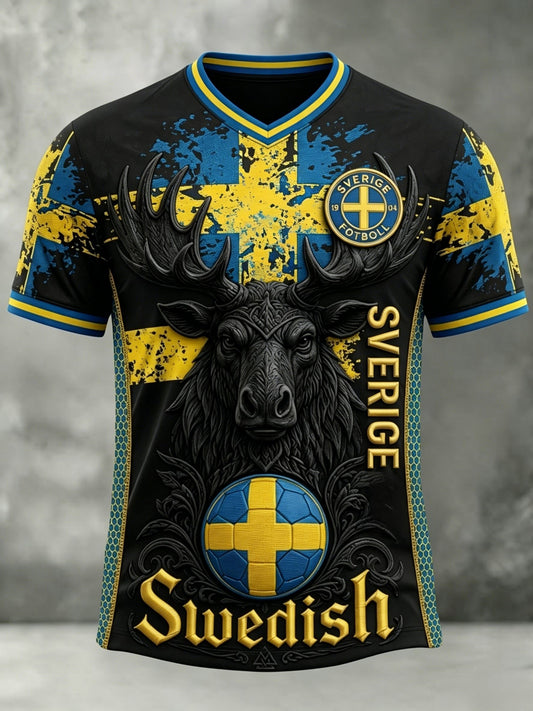 Herrlig retro svensk fotbollssupporter t-shirt, avslappnad och sportig