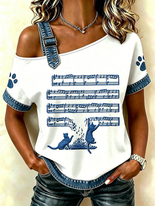 Damskjortor med djurmotiv och katttryck, vintage-mode, löst sittande t-shirt med kort ärm