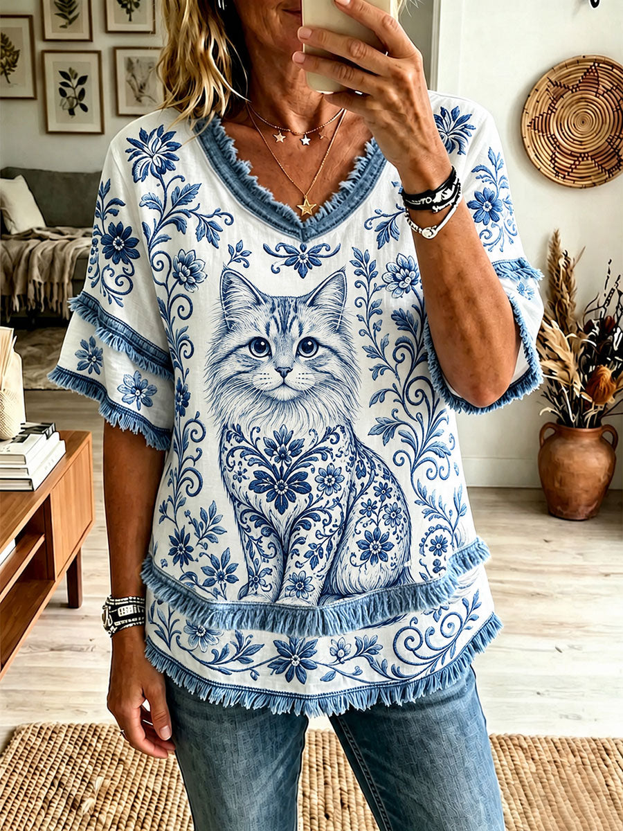 Kvinnors katt blommor V-hals topp