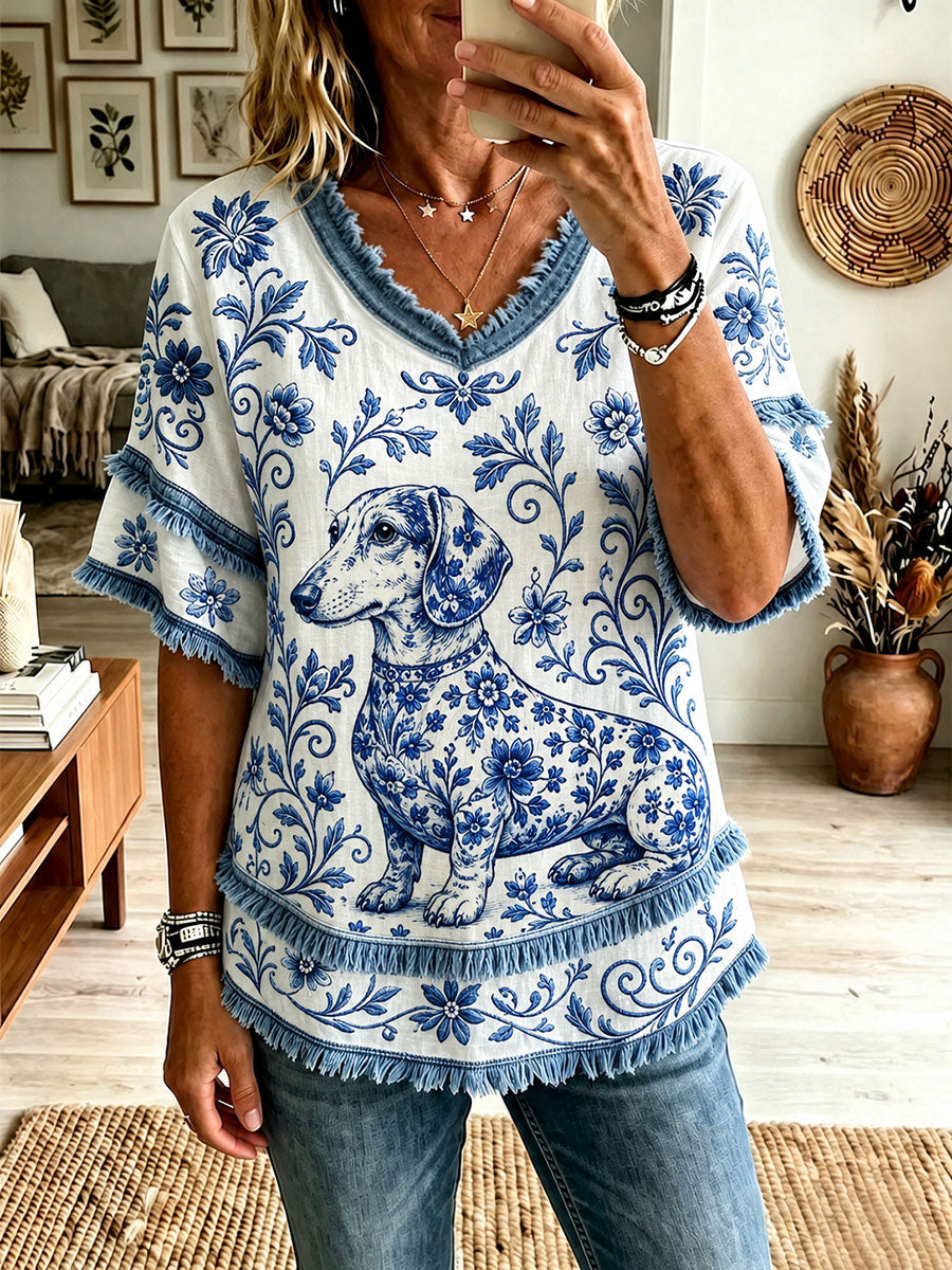 Kvinnor Dachhund blommor V-hals topp