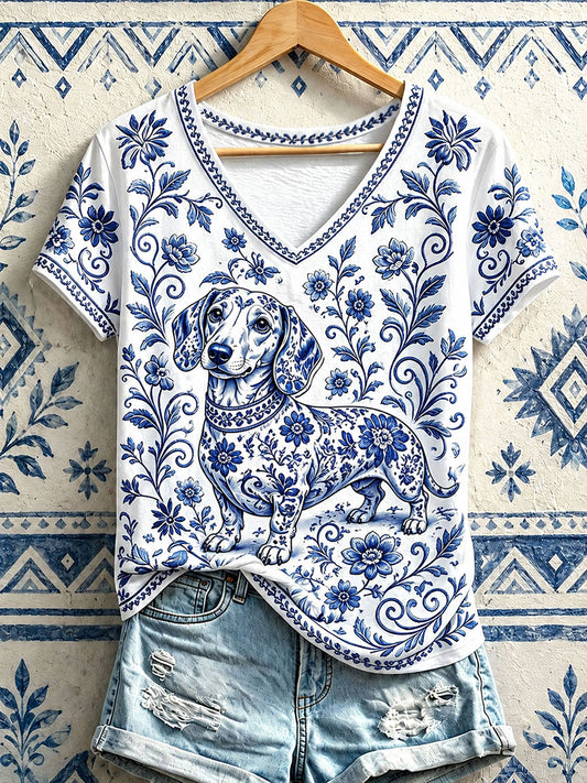 Kvinnor korv Hund Floral V-hals T-shirts