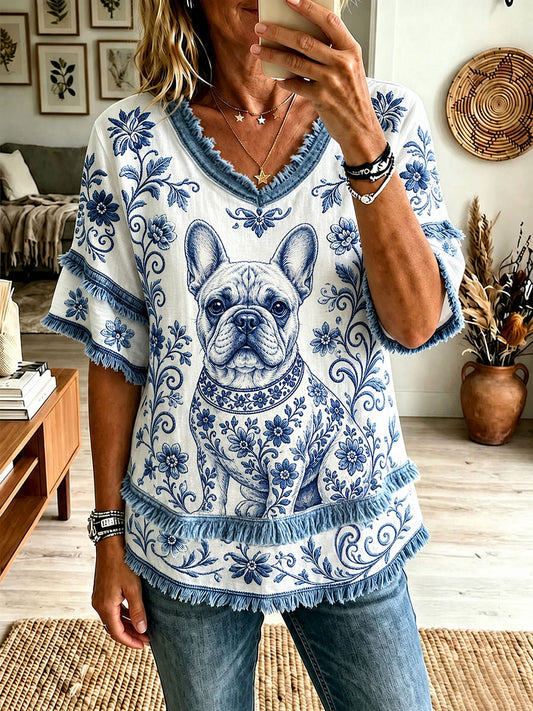Kvinnors franska Bulldog Floral V-hals topp