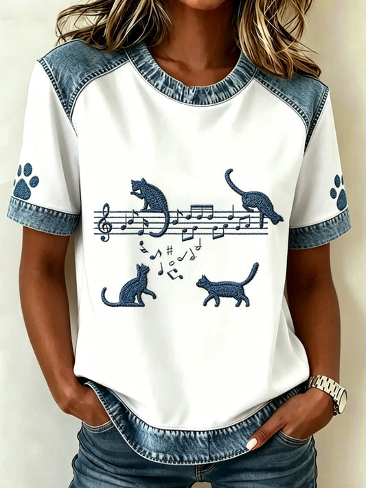 Damskjortor med djurmotiv och katttryck, vintage-mode, löst sittande t-shirt med kort ärm