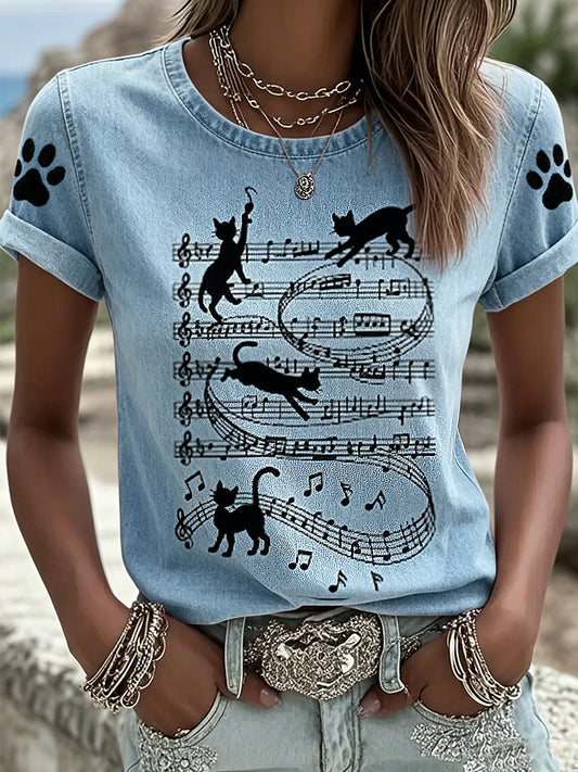 Damskjortor med djurmotiv och katttryck, vintage-mode, löst sittande t-shirt med kort ärm