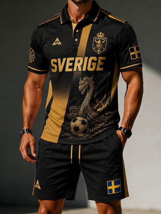 Herrset med polo och korta byxor med fotbollsmotiv