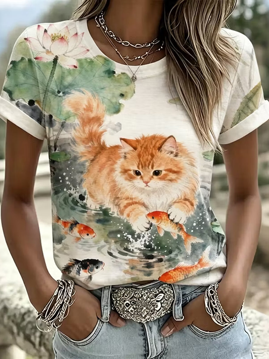 Kvinnlig söt t-shirt med kattmotiv i casual stil och korta ärmar