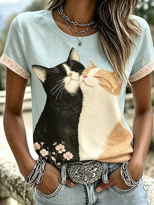 Kvinnors söta katt konst mönster Casual Short Slem T-shirt