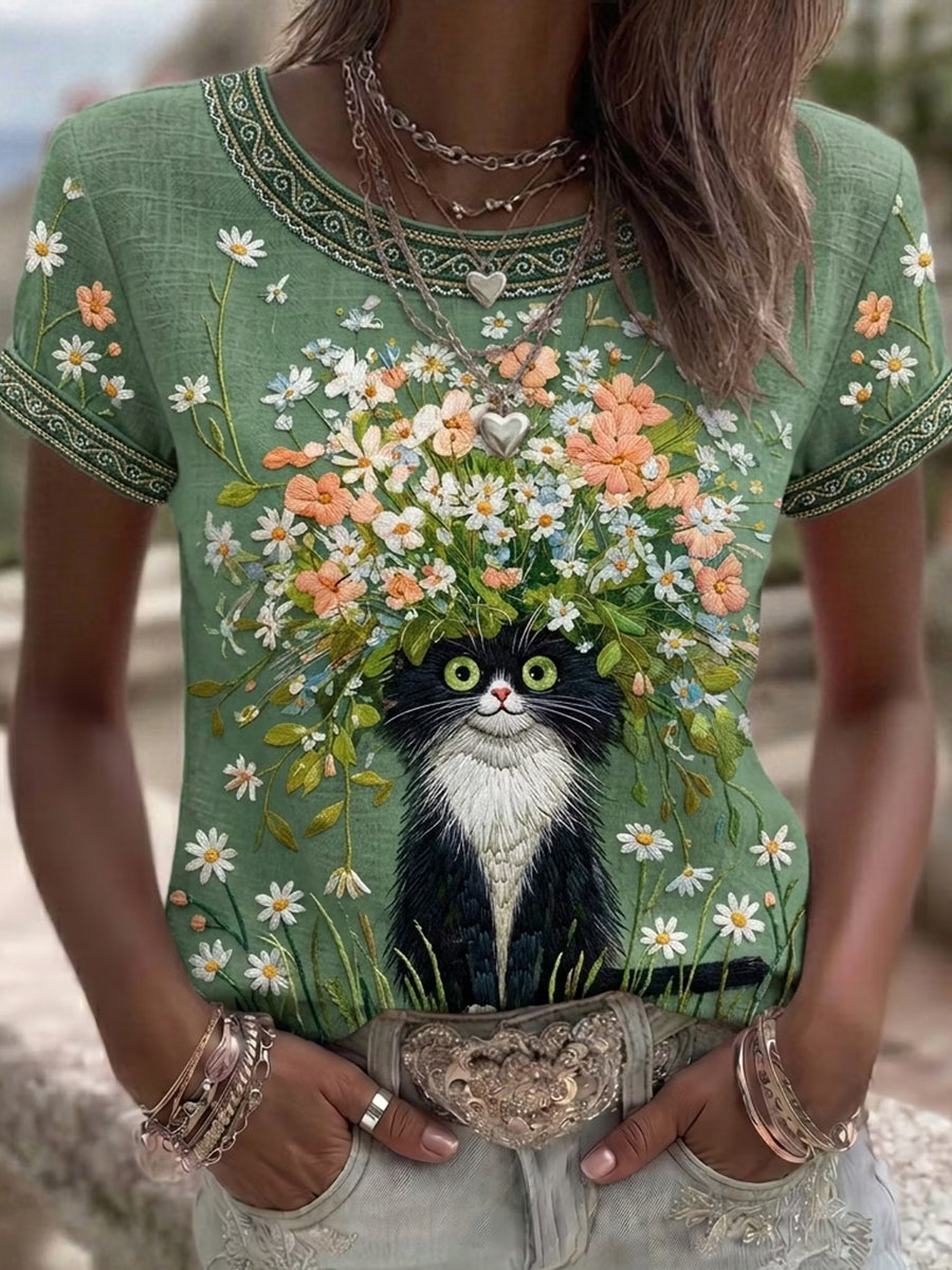 Dammens kattdesign med blommor, linneöverdel med rund halsringning och korta ärmar