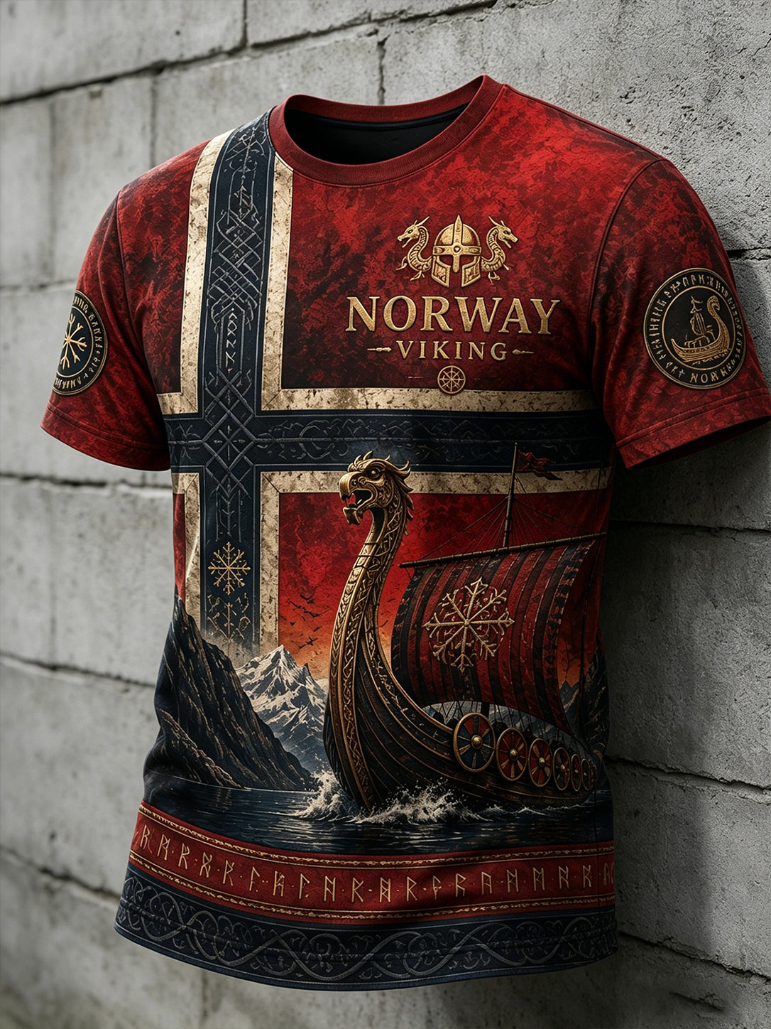Herrtröja med korta ärmar och retrovikingamönster