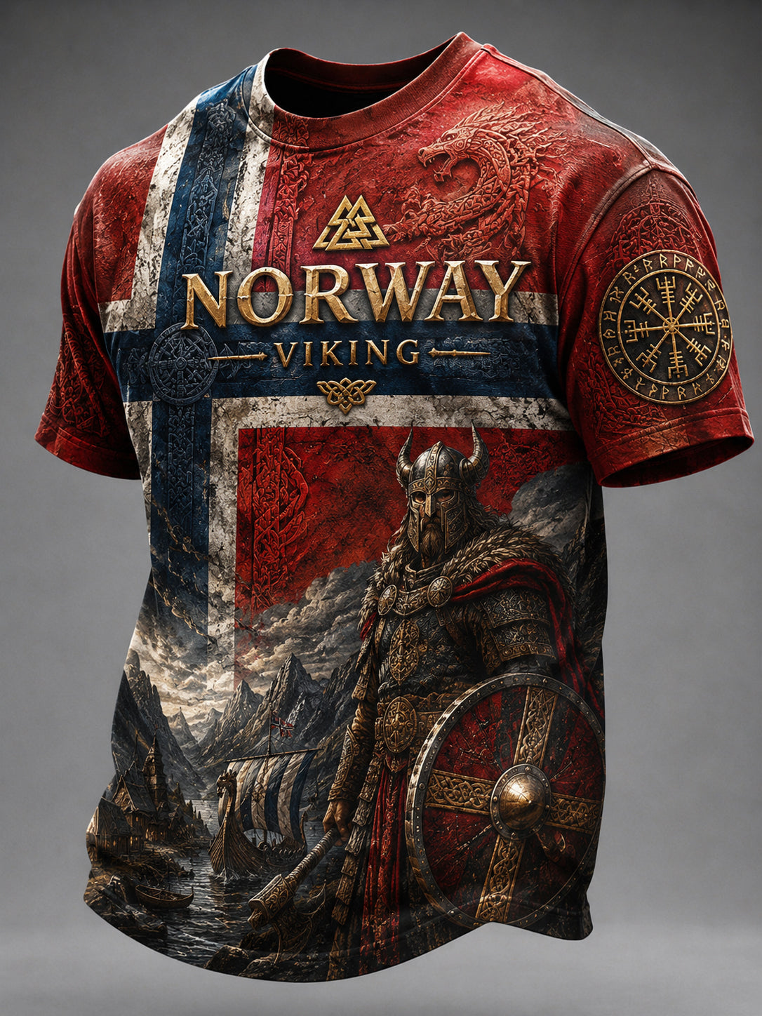 Herrtröja med korta ärmar och retrovikingamönster