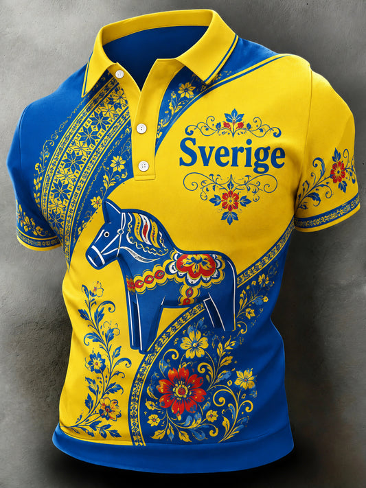Konstnärlig tryckt polotröja för män till minne av Sveriges nationaldag