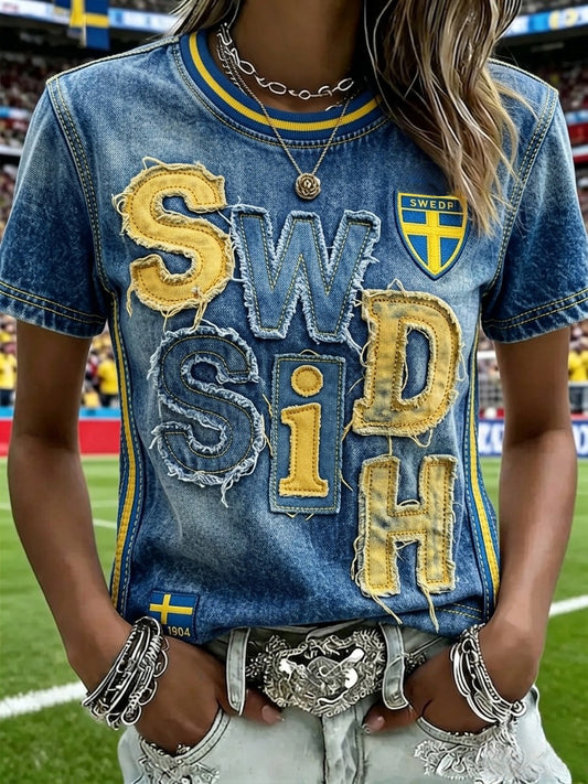Damer Retro Sverige Fotboll Älskare 2026 Tryckt Lässig T-shirt