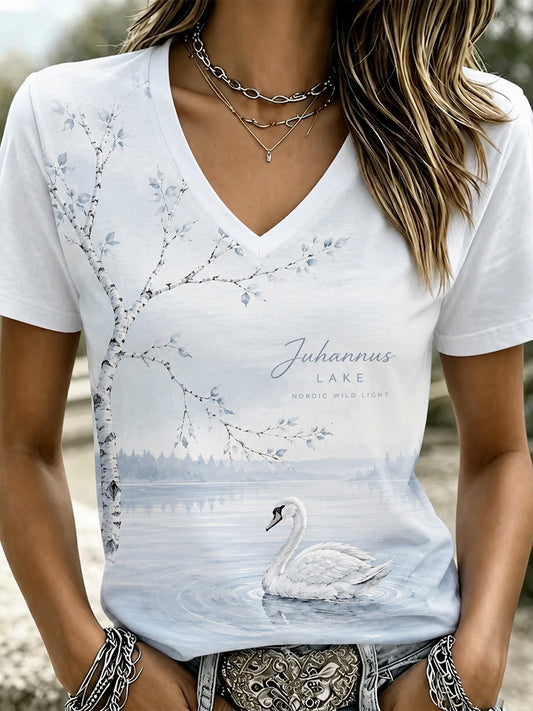 Damsommarfest i Finland tryckt avslappnat t-shirt med v-ringning