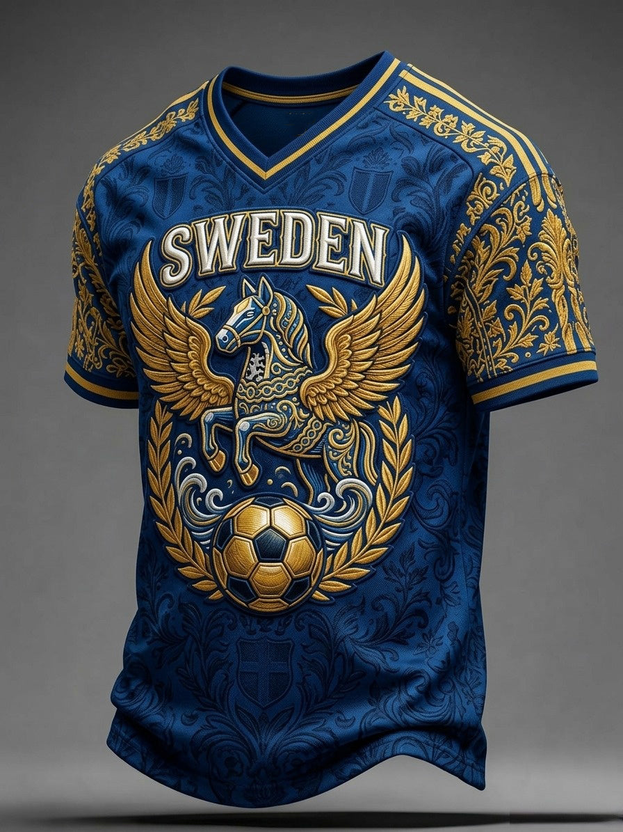 Herrar Retro Svensk Fotbollslärd 2026 Tryckt Avslappnad T-shirt med V-ringning