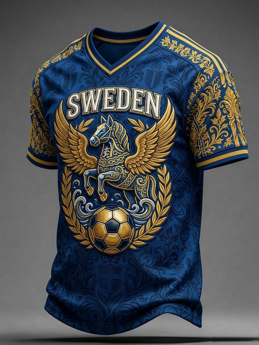 Herrar Retro Svensk Fotbollslärd 2026 Tryckt Avslappnad T-shirt med V-ringning