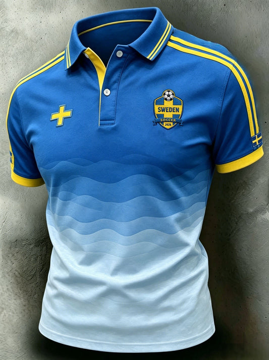 Herrpolskjorta i retrostil med svensk fotbollsmotiv 2026, till vardagskläder