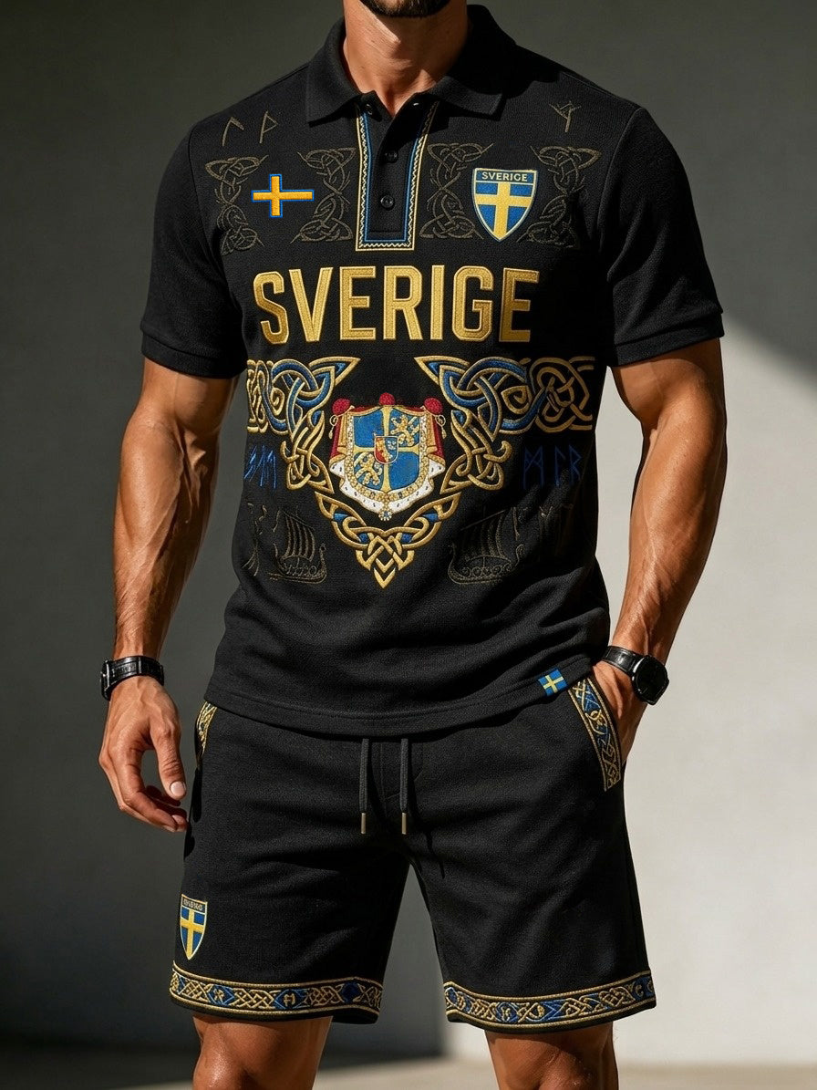 Herrset med retrostil: svensk fotbollsentusiast 2026 – tryckt polo och shorts för vardagsbruk