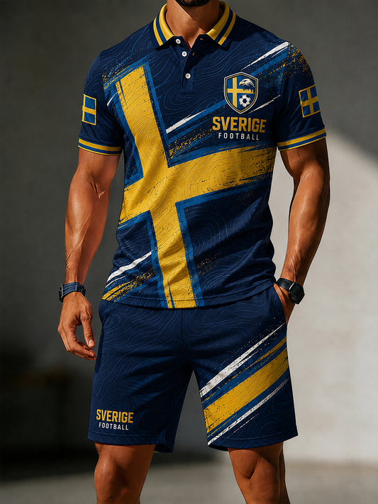 Herrmode retro svensk fotbollssupporterkonsttryck avslappnad 2-delad set