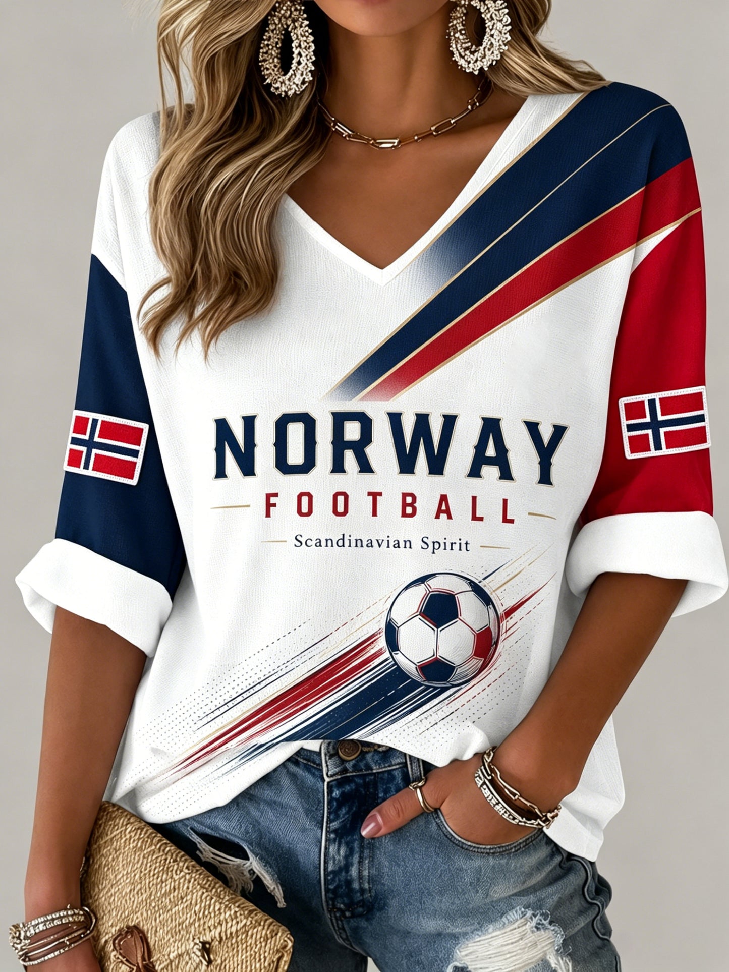 Damer Norge Fotbollsmatch Hejarklack Konsttryck V-ringad T-shirt