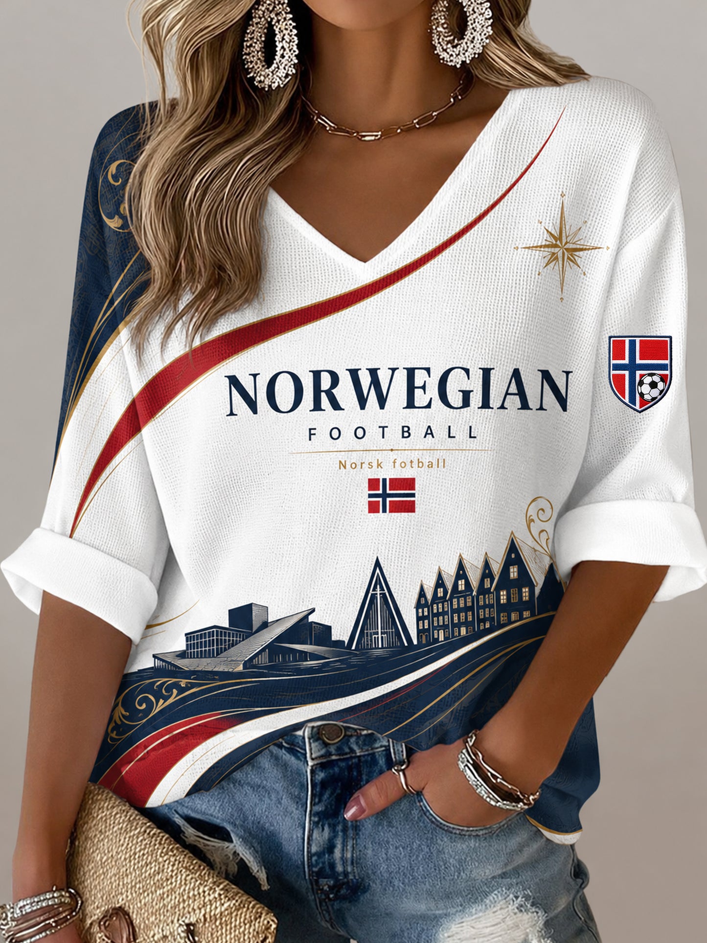Damer Norge Fotbollsmatch Hejarklack Konsttryck V-ringad T-shirt