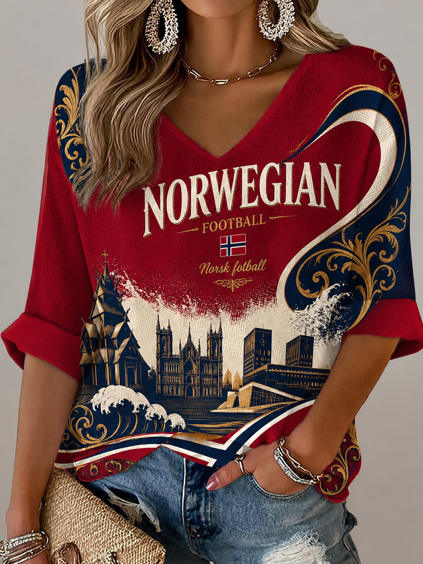 Damer Norge Fotbollsmatch Hejarklack Konsttryck V-ringad T-shirt