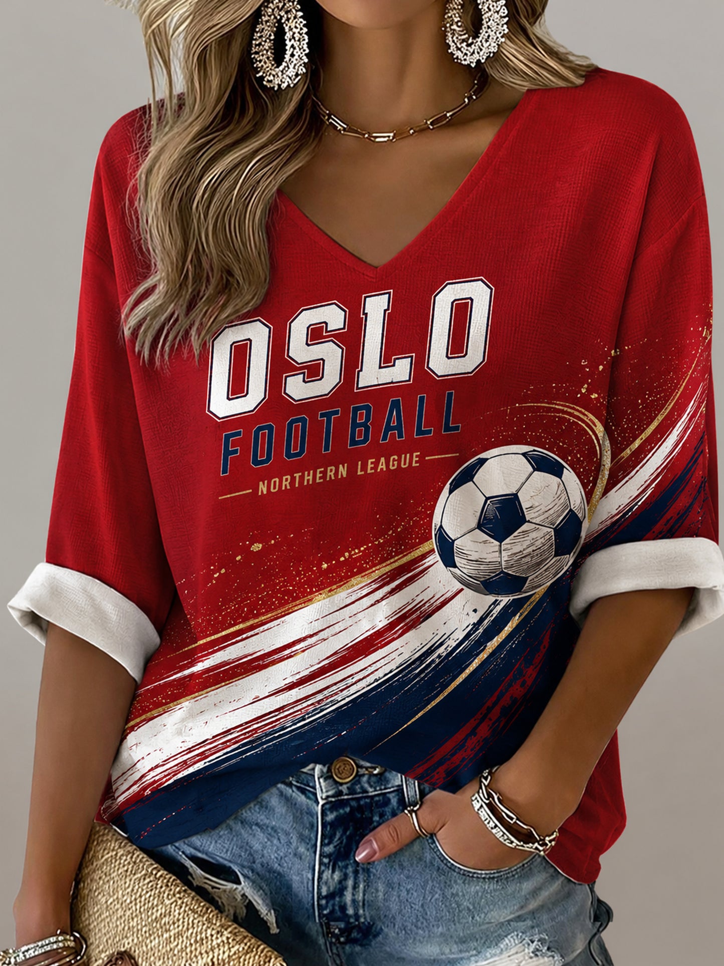 Damer Norge Fotbollsmatch Hejarklack Konsttryck V-ringad T-shirt