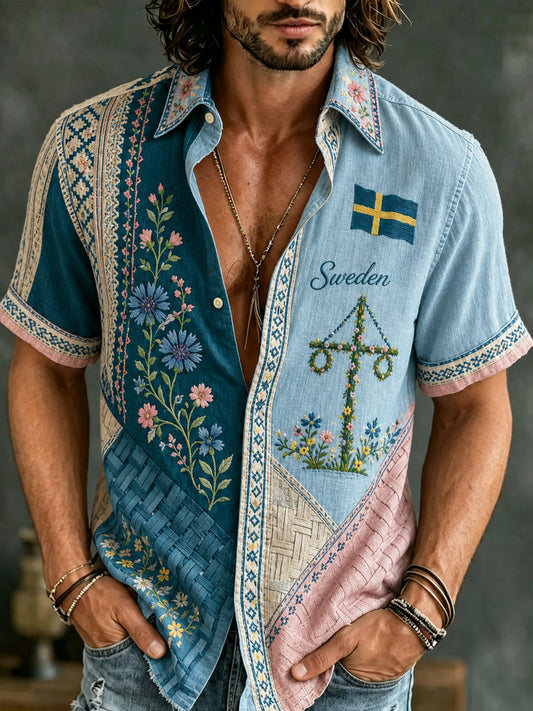 Herrskjorta med korta ärmar och konstnärlig tryck: Svensk midsommar- och nationaldagsminnesutgåva