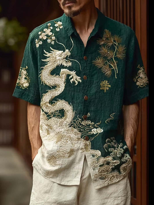 Herrskjorta i japansk konst, retrostil, avslappnad stil, kortärmad