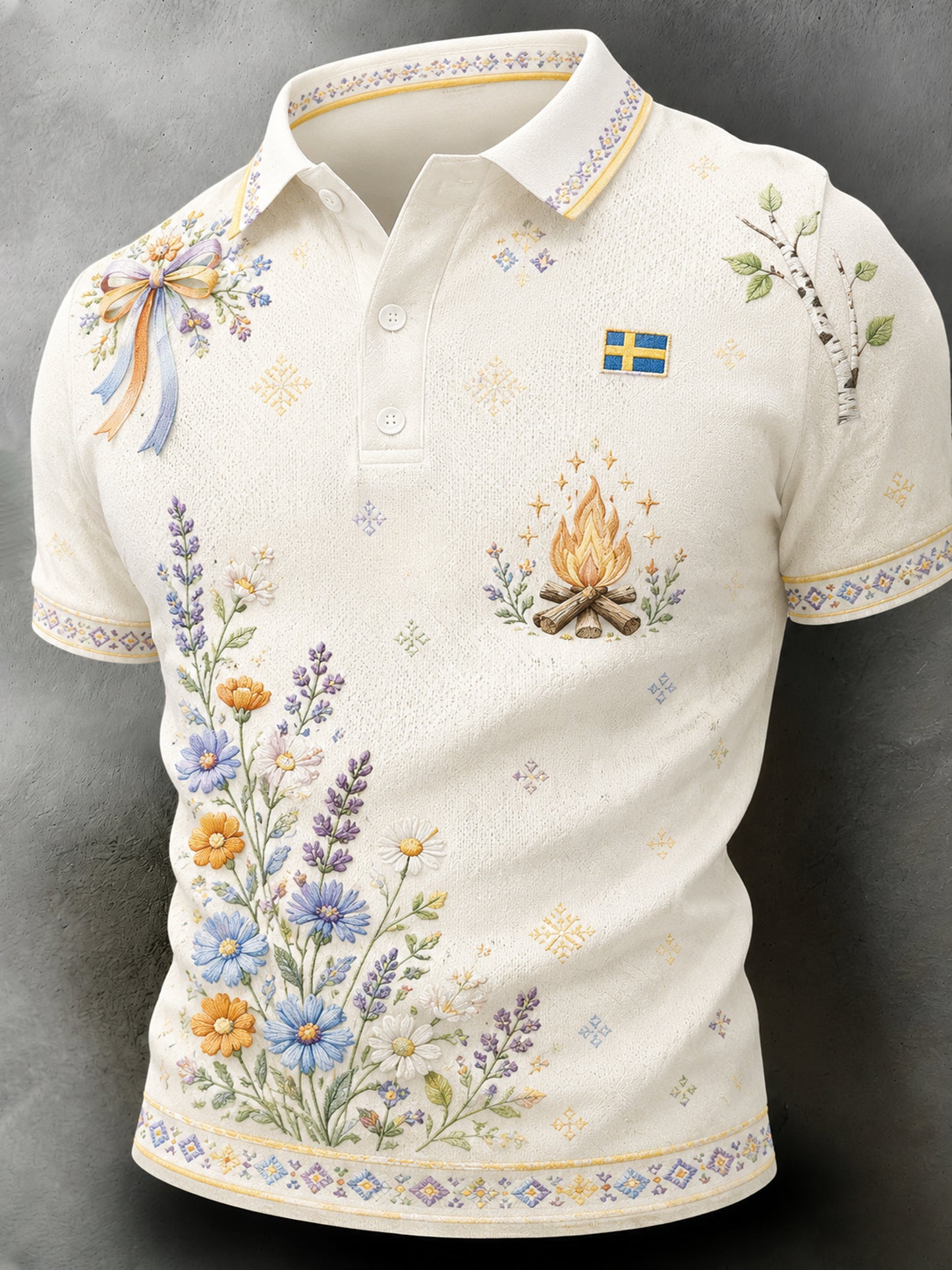 Herrpolotröja med konsttryck till minne av midsommar och nationaldagen i Sverige