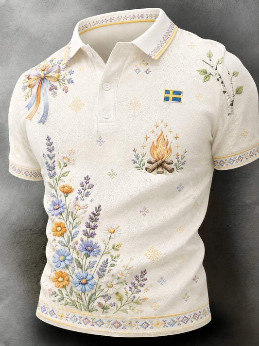 Herrpolotröja med konsttryck till minne av midsommar och nationaldagen i Sverige