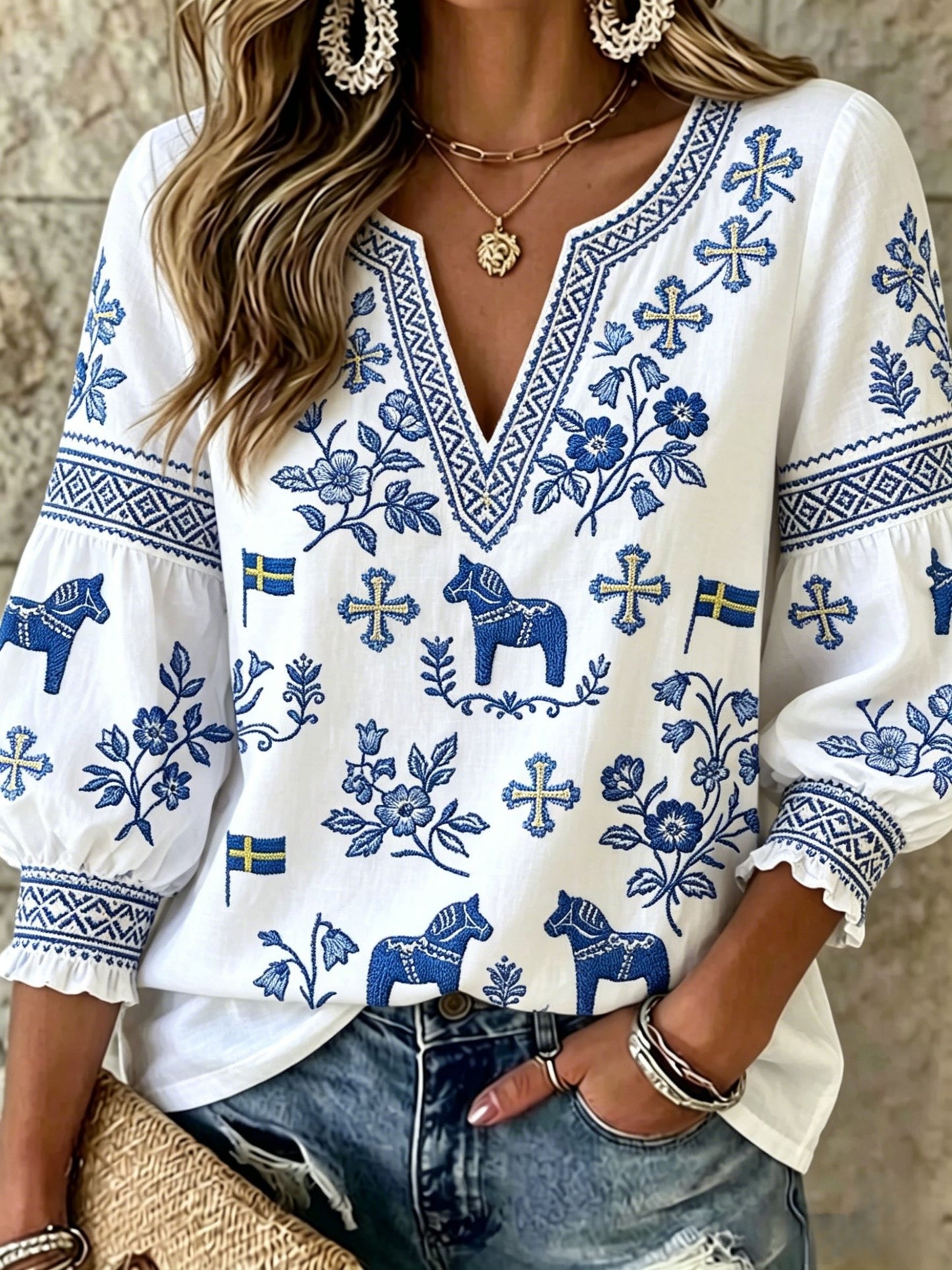 Dams Retro Svensk Midsommar Folkal Blus i Bomull-Linne